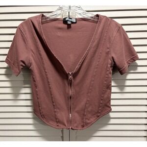 Missguided Juniors Brown Crop Top Zip Front‎ Size 6 Short Sleeve V Neck Pleated
